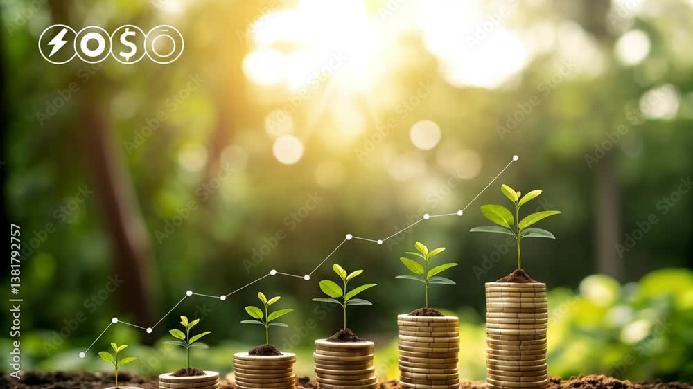 Poster Stacks of coins with plants growing from them and an upward trending line in a garden setting