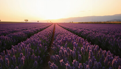 Fototapeta premium Lavender fields at sunset showcasing vibrant purple blossoms 