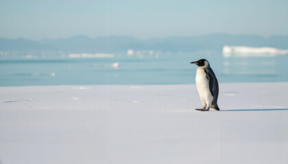 Fototapeta premium Penguin standing on ice against a serene blue ocean background 