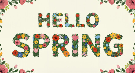 Colorful Floral "Hello Spring" Greeting Card Design  
