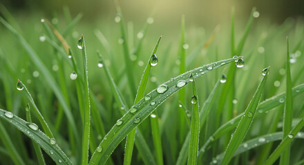 Fresh green grass with water droplets glistening in sunlight  