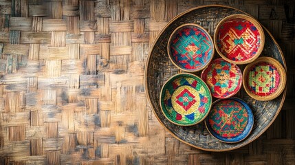 Colorful woven bowls on a bamboo tray