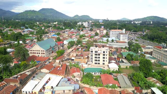 Aerial view of Arusha cityscape, It's a gateway to safari destinations and to Africa's highest peak, Mt. Kilimanjaro.