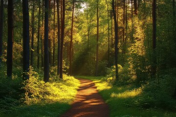 Fototapeta premium Morning Sunbeams Illuminate Green Foliage Along the Forest Pathway in Springtime