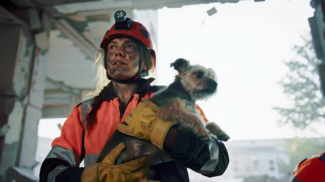 Female firefighter wearing protective gear and holding a small dog while looking up in a damaged building after an earthquake. Animal rescue, looking for survivors during natural disaster