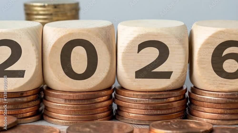 Poster Wooden blocks displaying the year two thousand twenty six on stacks of coins in a close up view