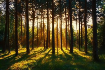 Obraz premium Sunlight filtering through pine trees in a serene spring forest illuminating young leaves and vibrant foliage