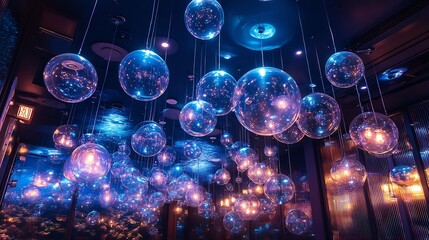 Underwater themed bubble ceiling with floating transparent spheres illuminated aquatic colors and a dreamy deep sea aesthetic