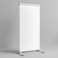 Blank white roll-up banner with metal stand on gray background