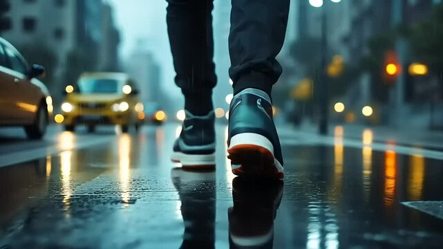 A person walking through a rainy urban street, reflections on the pavement, with yellow taxis in the background