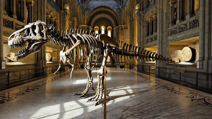 Prehistoric dinosaur skeleton on circular museum platform fossil exhibit under lights ancient creature display historic bones educational science paleontology giant fossil remains