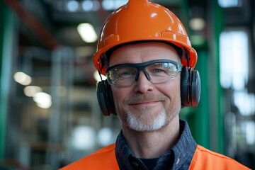 Portrait of a Mature Male Industrial Worker Wearing Safety Gear Protective Helmet Glasses Earmuffs Happy Smiling Confident Professional Industry      