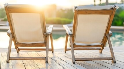 Two wooden lounge chairs facing away towards the sun light