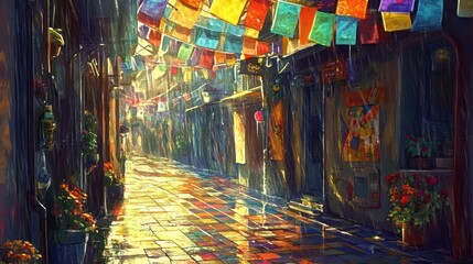 Rainy Alleyway with Colorful Flags and Reflections on Wet Cobblestones