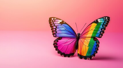 Obraz premium A vibrant, multi-colored butterfly with striking patterns rests against a soft pink background, showcasing the beauty of nature's designs.