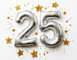 Silver foil balloons shaped as '25' with golden stars and confetti on white background, flat lay top view celebration theme.