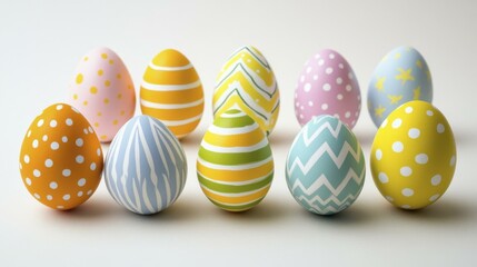 Obraz premium Vibrant Easter Eggs with Varied Patterns Arranged in Row on White Surface
