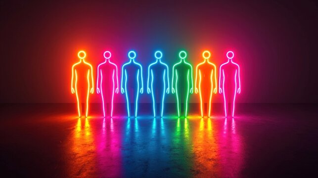 Colorful neon silhouettes of seven figures stand in a row against a dark background, creating a vibrant and dynamic visual effect.