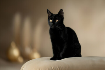 luxurious cat portrait, a regal black cat lounges on a plush velvet cushion with golden decor and soft lighting, creating a high-detail, cinematic scene