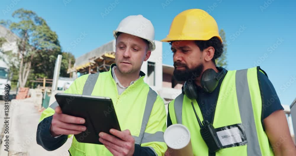 Poster architect, people and talking with tablet for construction planning, site inspection and architectur