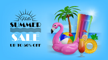 summer sale banner with beach umbrella, inflatables and cocktail on beach background