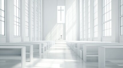 Obraz premium Serene Minimalist Interior with Cross and Sunlit Windows Modern Spiritual Space Tranquil Atmo