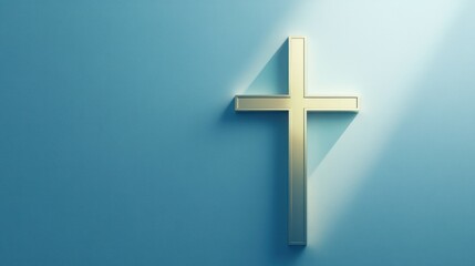 Golden Cross on a Blue Background with Sunlight Religious Symbol