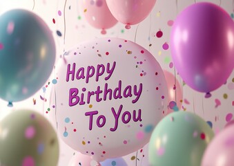 Happy birthday card with colorful balloons and confetti background "Happy Birthday To You" text, on a white background, in pink, blue, green, and purple colors Generative AI