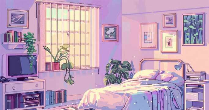 64bit pixelart cute and small bedroom, cubic bedroom, pastel colors, pastel purple, plain background 