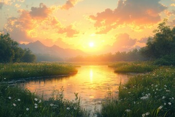 Obraz premium Springtime Sunset over a Green Field with Willow Trees and Clear Sky