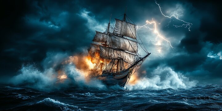 A burning sailing ship battles a raging storm with dramatic lightning strikes Perfect for fantasy, adventure, or historical fiction projects - Powered by Adobe