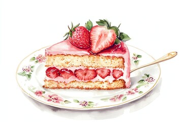 slice of strawberry cake on floral china plate, watercolor illustration with white background