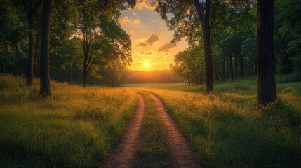 Obraz premium Sunset over serene willow field with lush grass and tranquil pond