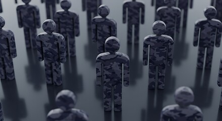 Group of navy soldiers represented by dark blue camouflage figures on reflective black background