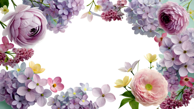 A floral frame featuring purple lilac blossoms and pink ranunculus flowers with small yellow accents on a transparent background.