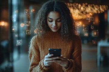 man using smartphone with social media icons in living room searching online data and connecting with friends at home relaxing