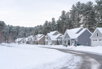 houses in residential community after snow in winter 