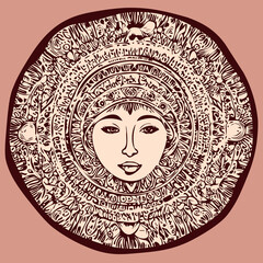 Vector stencil portrait of a woman inside an Inca sun symbol. Bold, circular tribal design with strong artistic lines.