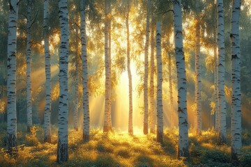 Fototapeta premium Birch Forest at Sunrise with Radiant Sunlight and Lush Green Foliage