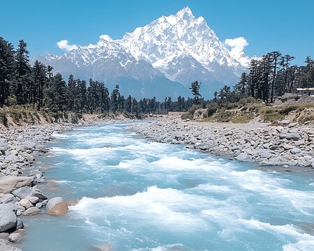 A stunning mountainous landscape featuring a river and towering snow covered peaks