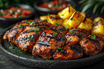 A platter of jerk chicken with grilled pineapple and Scotch bonnet sauce. Concept of Caribbean spice and tropical heat.