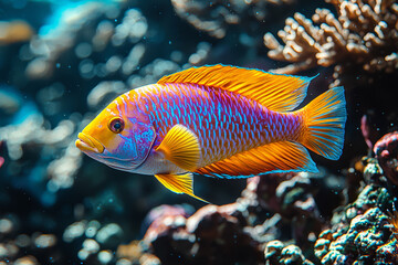 Obraz premium A parrotfish grazing on coral, excreting sandy trails. Concept of reef builders and underwater ecosystems.