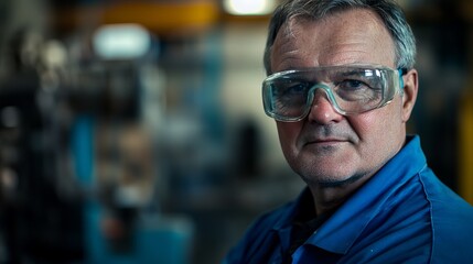 Obraz premium Serious Mature Male Factory Worker Portrait Safety Glasses Industrial Blue Collar Professional Man Hardworking Dedicated Employee Strong Determined 