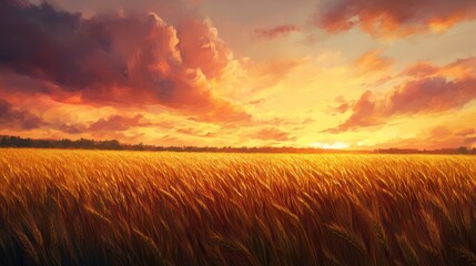 Obraz premium Wheat Field Under Golden Sunset with Dramatic Clouds Landscape