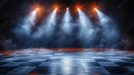 Race Track Finish Line with Blue Spotlights and Misty Atmosphere in Night Competition