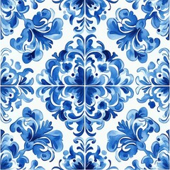 Seamless Watercolor Blue and White Tile Pattern Inspired by Portuguese Azulejo Art