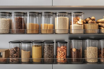 Kitchen shelves with a stylish touch, complete with jars and wooden bowls, ideal for keeping ingredients and essentials neatly organized and stored