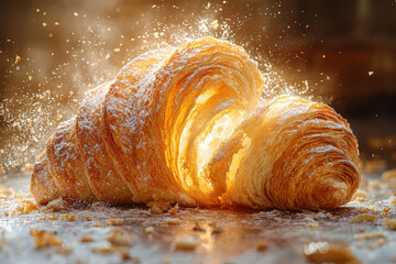 A golden croissant flaking apart, revealing layers of buttered pastry. Concept of French patisserie mastery and breakfast luxury.