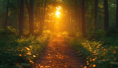 Obraz premium Sunlight Filtering Through Pine Trees in a Serene Forest Trail at Sunset Illuminating Young Foliage