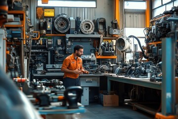 Workshop with Machinery and Auto Parts Workers Checking Laptop and Explaining Repairs to Customers